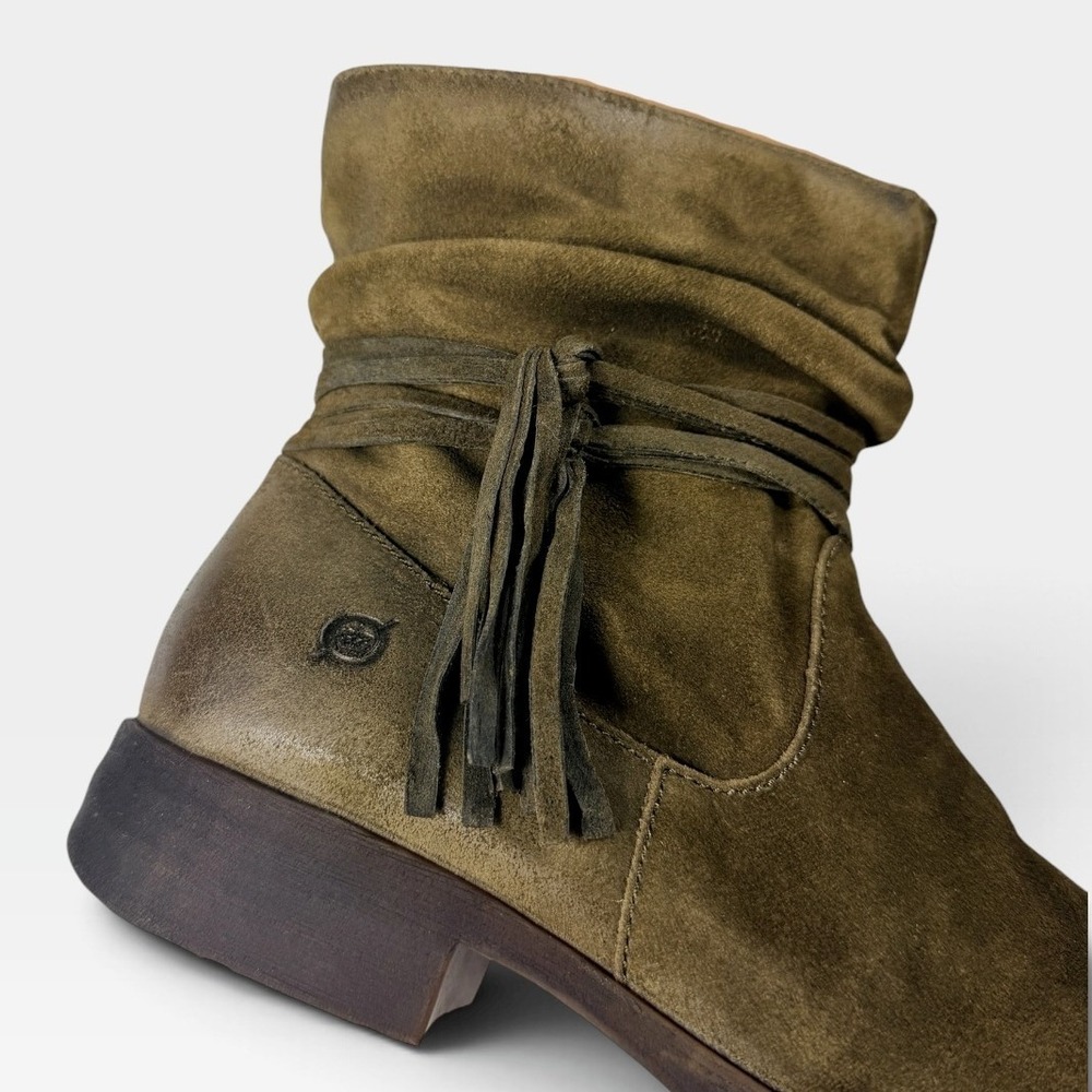 Born Cross Ankle Bootie Women 11 Green Herb Distressed Suede Tassel New - Picture 6 of 14